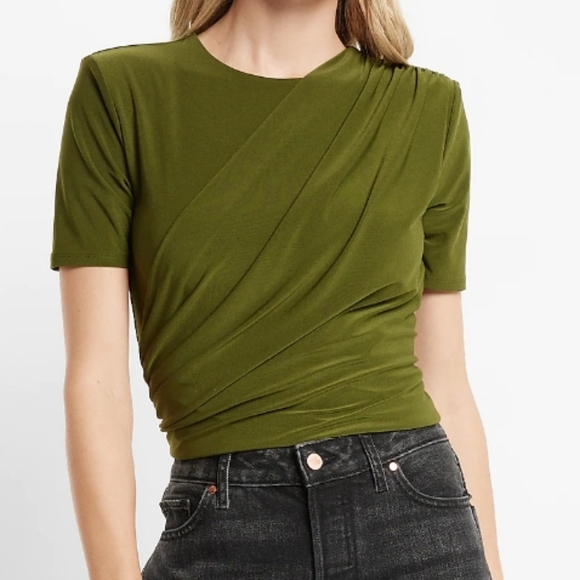 Express Tops - Express Matte Crew Neck Short Sleeve Draped Cropped Top